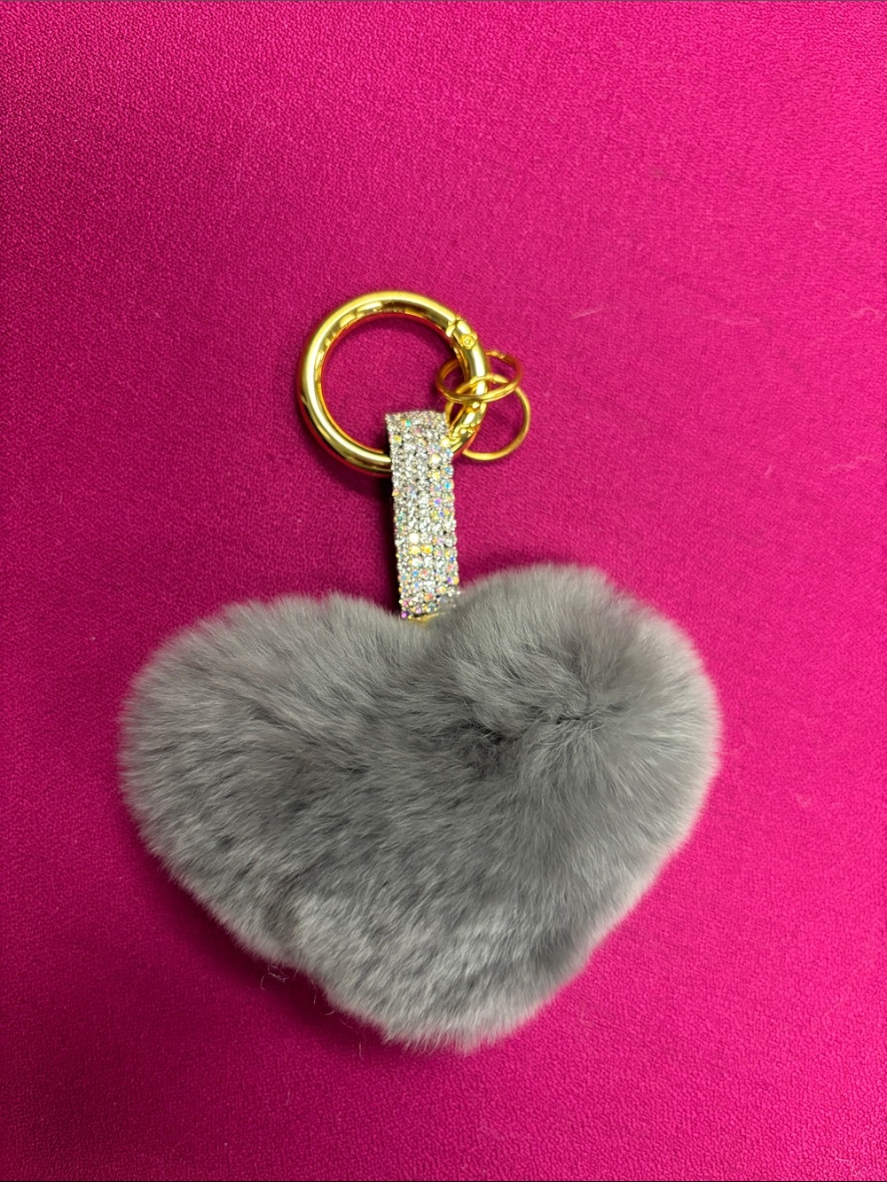 VAKA Gray Heart Fur Key & Card Holder with Gold Crystal Strap W/O Tag
